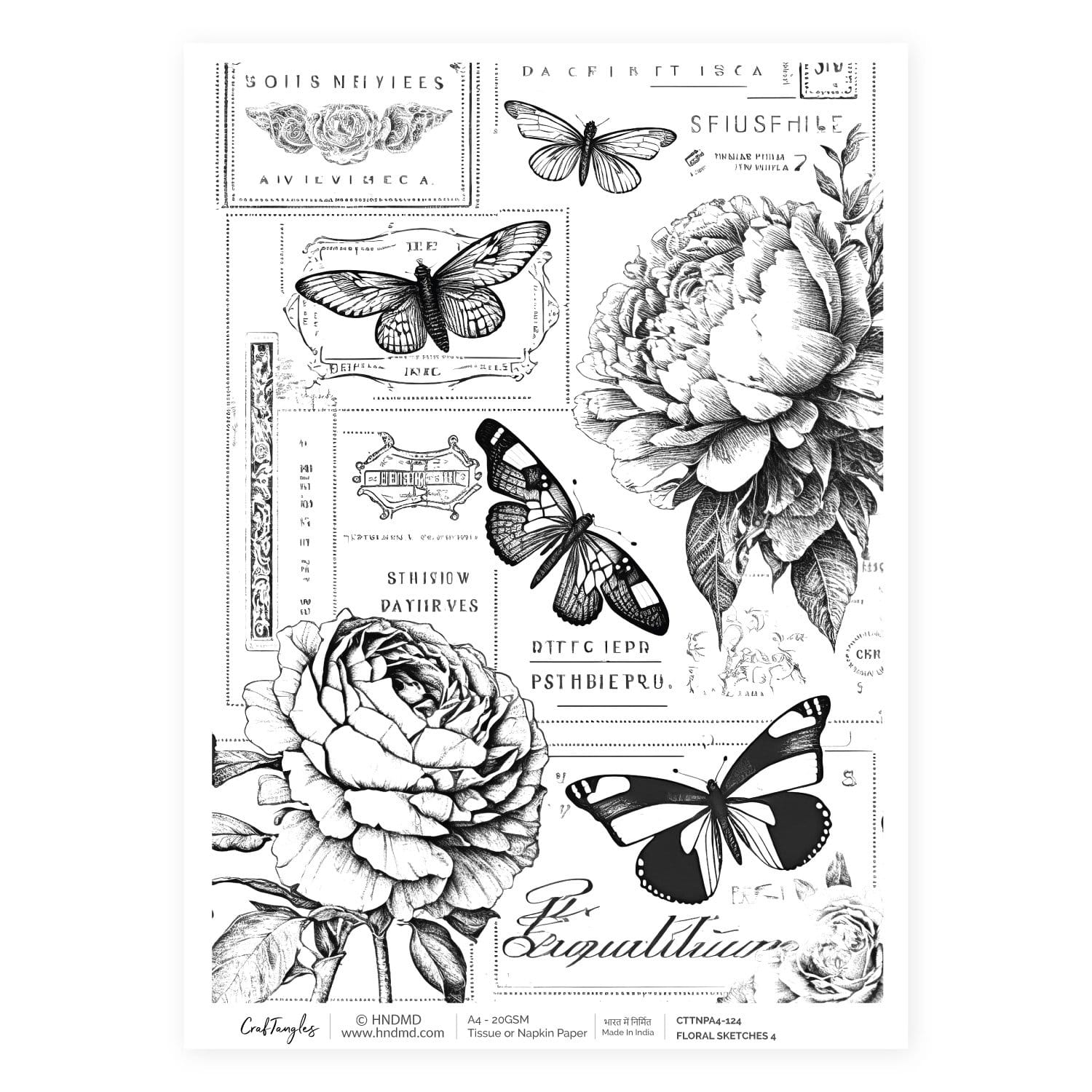 CrafTangles Decoupage Napkin / Tissue / Collage Paper - Floral Sketches 4 124 Floral Sketches 4 CrafTangles Tissue napkin paper CrafTangles Decoupage Napkin / Tissue / Collage Paper - Floral Sketches 4