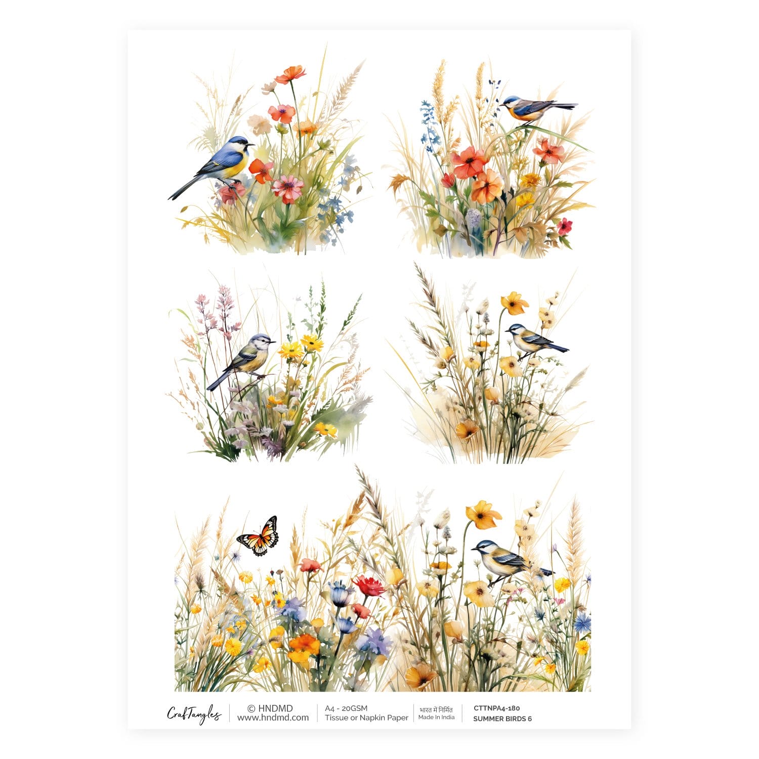 CrafTangles Decoupage Napkin / Tissue / Collage Paper - Summer Birds 6 180 Summer Birds 6 CrafTangles Tissue napkin paper CrafTangles Decoupage Napkin / Tissue / Collage Paper - Summer Birds 6