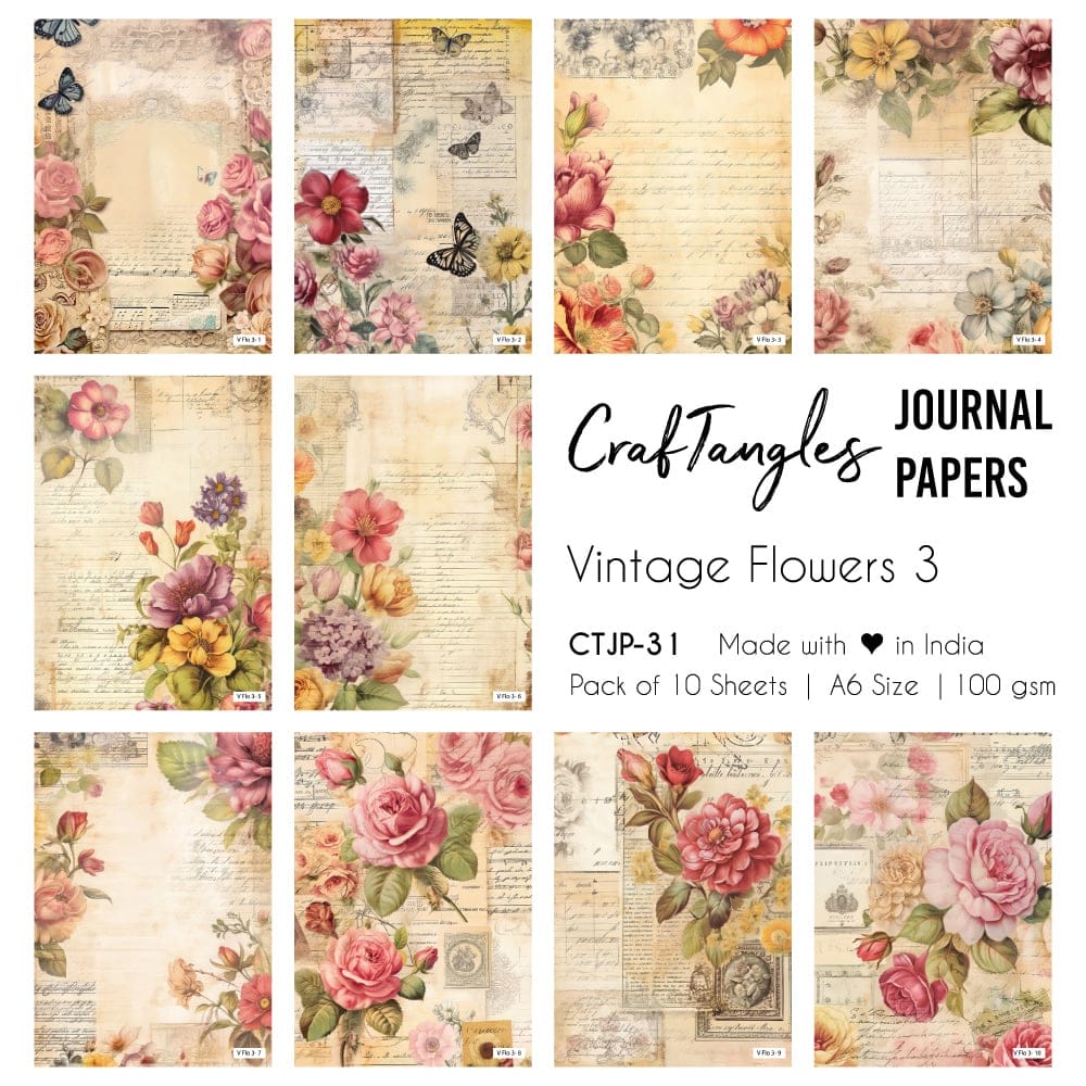 CrafTangles Journal Papers (A6 pack of 10 sheets) - Vintage Flowers 3