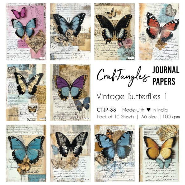 CrafTangles Journal Papers (A6 pack of 10 sheets) - Vintage Butterflies 1