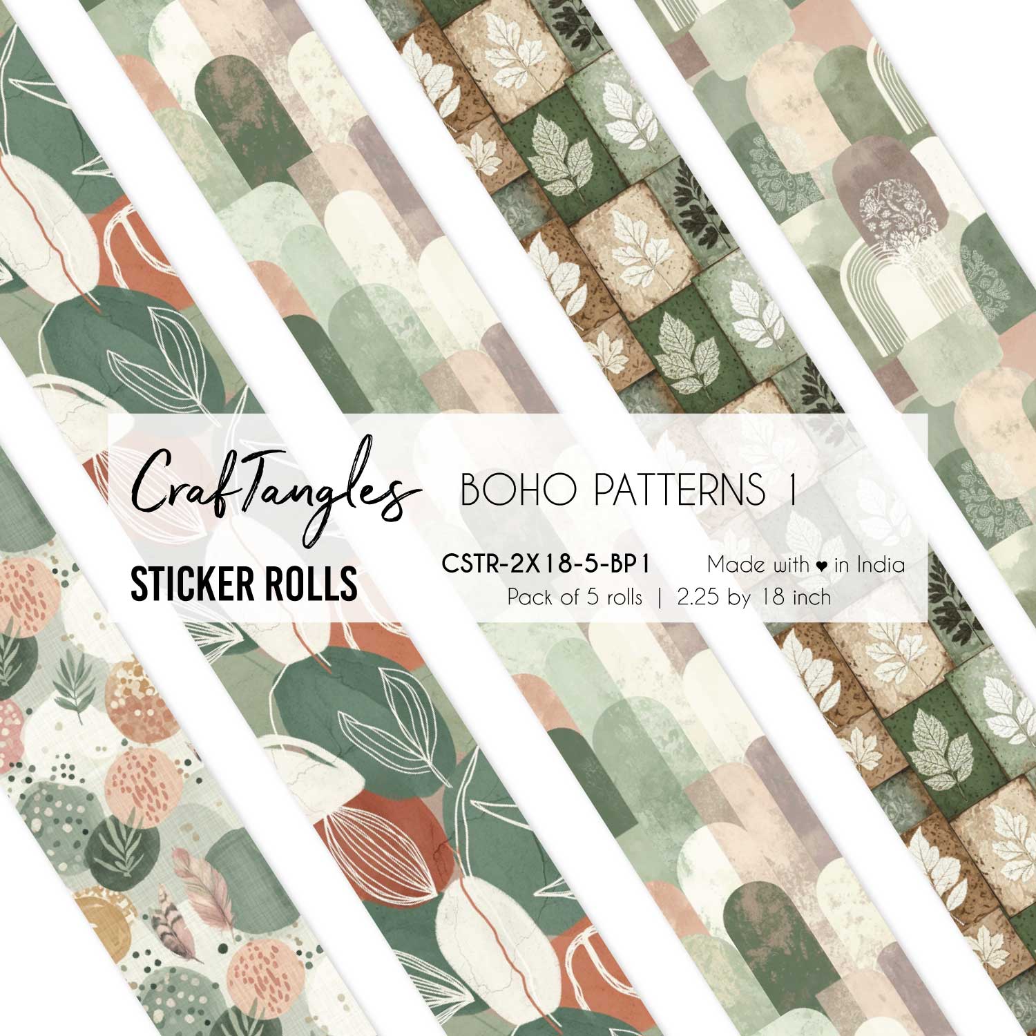 CrafTangles Journal Sticker Rolls (Pack of 5 designs) - Boho Patterns 1 Boho Patterns 1 2.5x18 inch Sticker Roll CrafTangles Journal Sticker Rolls (Pack of 5 designs) - Boho Patterns 1
