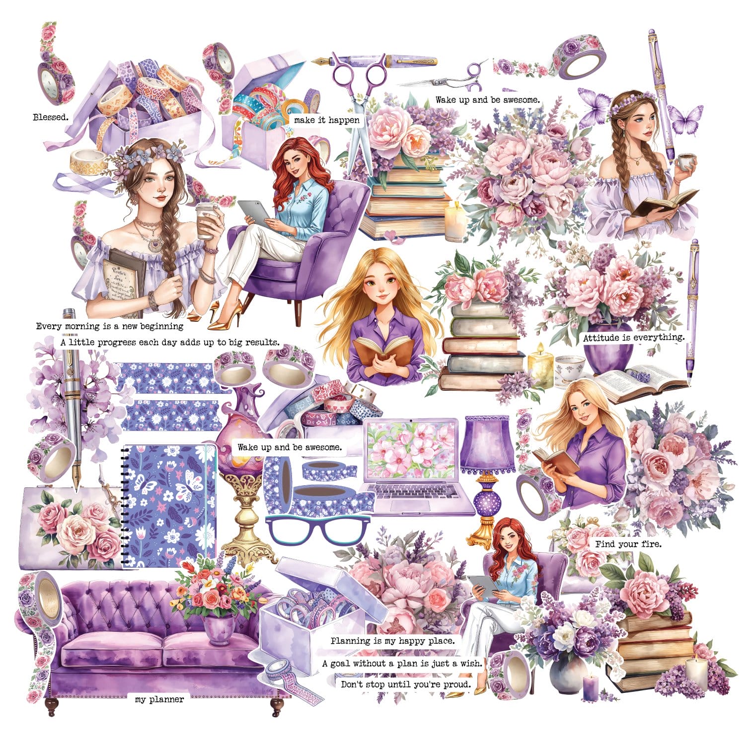 CrafTangles Precut Journal Stickers - Planner Girls 1 (Pack of 62 stickers)