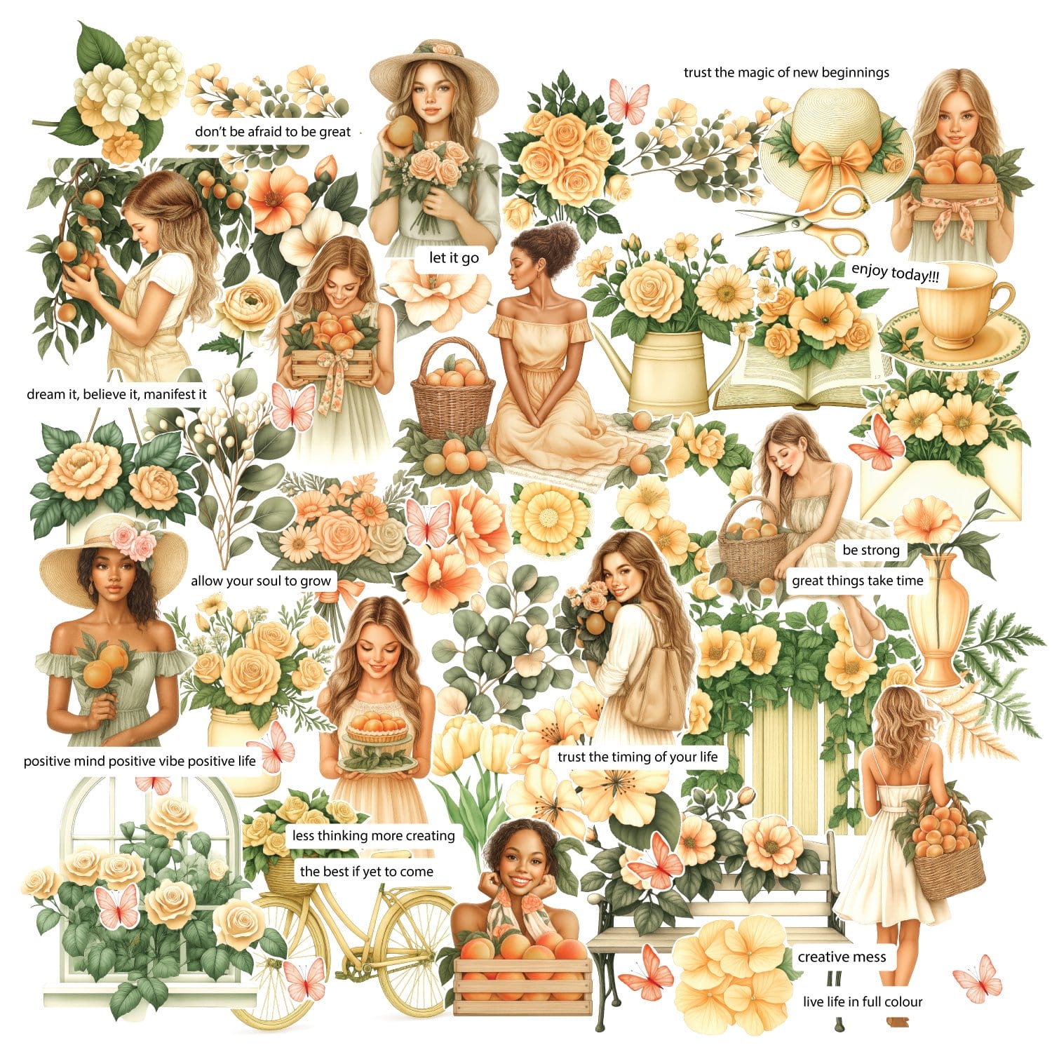 CrafTangles Precut Journal Stickers - Spring Girls 11 (Pack of 62 stickers)