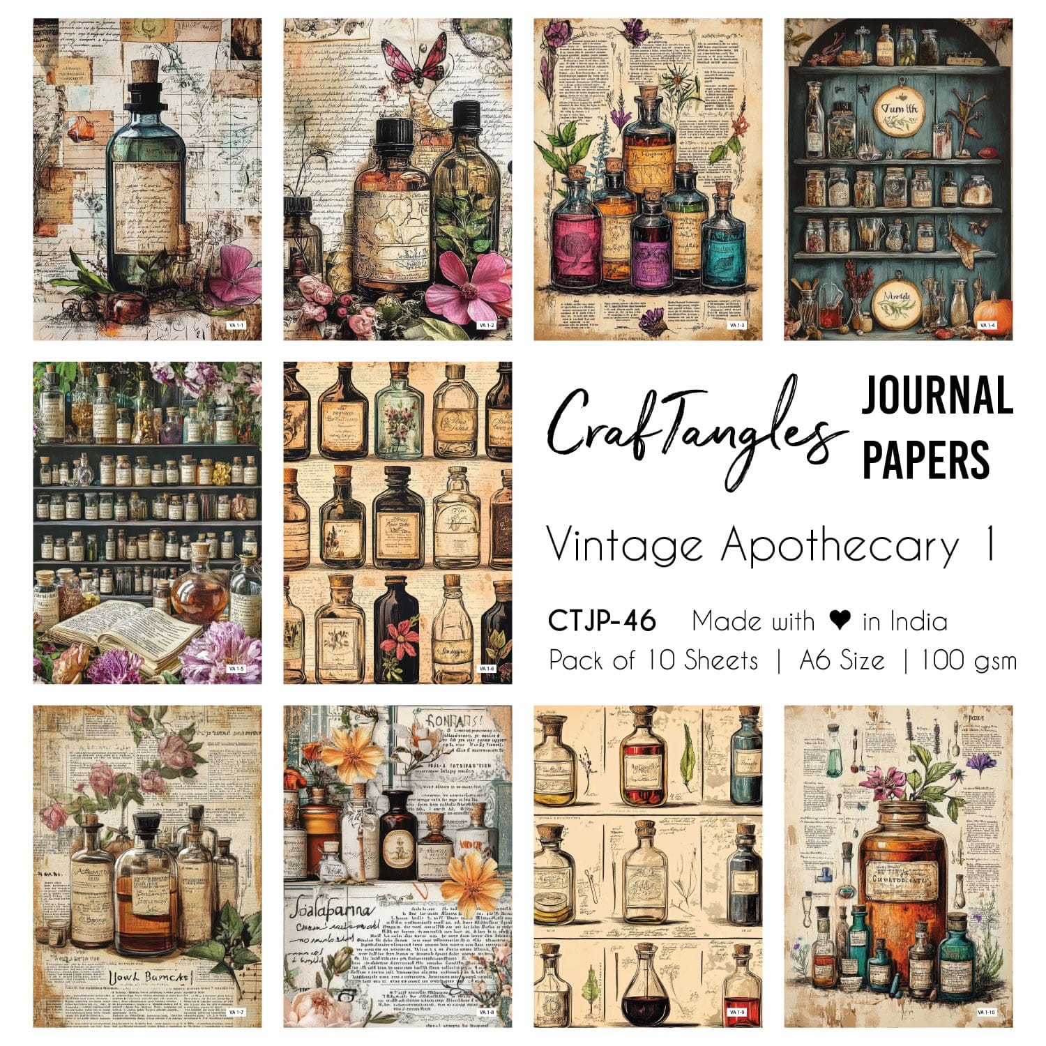 CrafTangles Journal Papers (A6 pack of 10 sheets) - Vintage Apothecary 1
