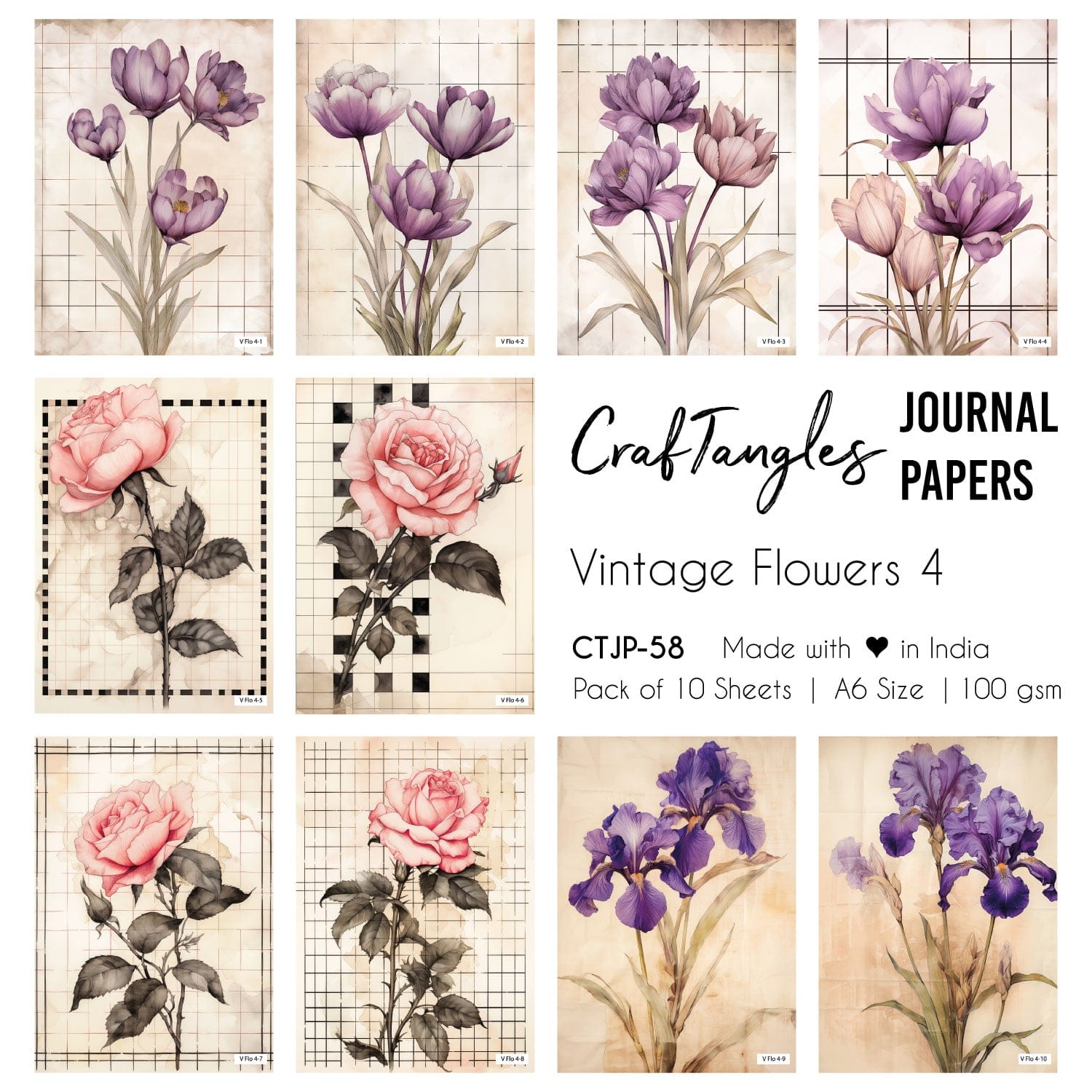 CrafTangles Journal Papers (A6 pack of 10 sheets) - Vintage Flowers 4