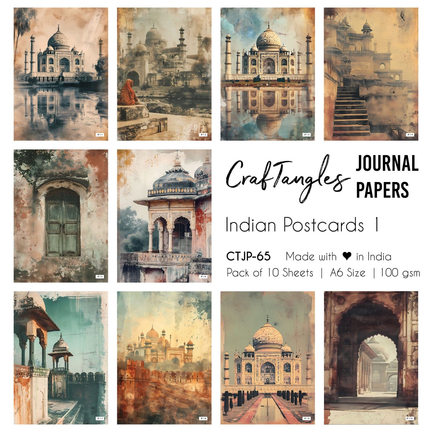CrafTangles Journal Papers (A6 pack of 10 sheets) - Indian Postcards 1 CTJP 65 Indian Postcards 1 Craftangles journal paper CrafTangles Journal Papers (A6 pack of 10 sheets) - Indian Postcards 1