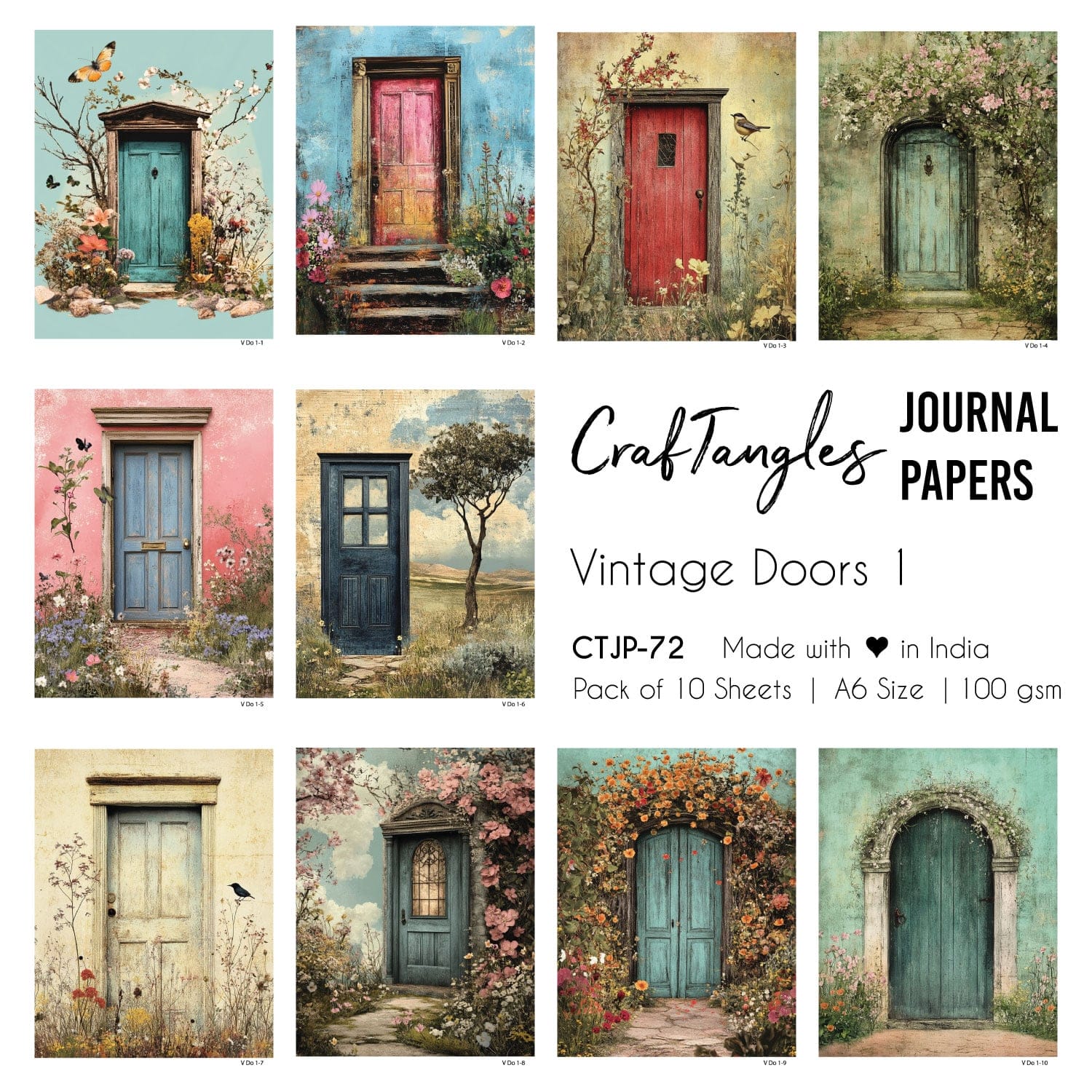 CrafTangles Journal Papers (A6 pack of 10 sheets) - Vintage Doors 1