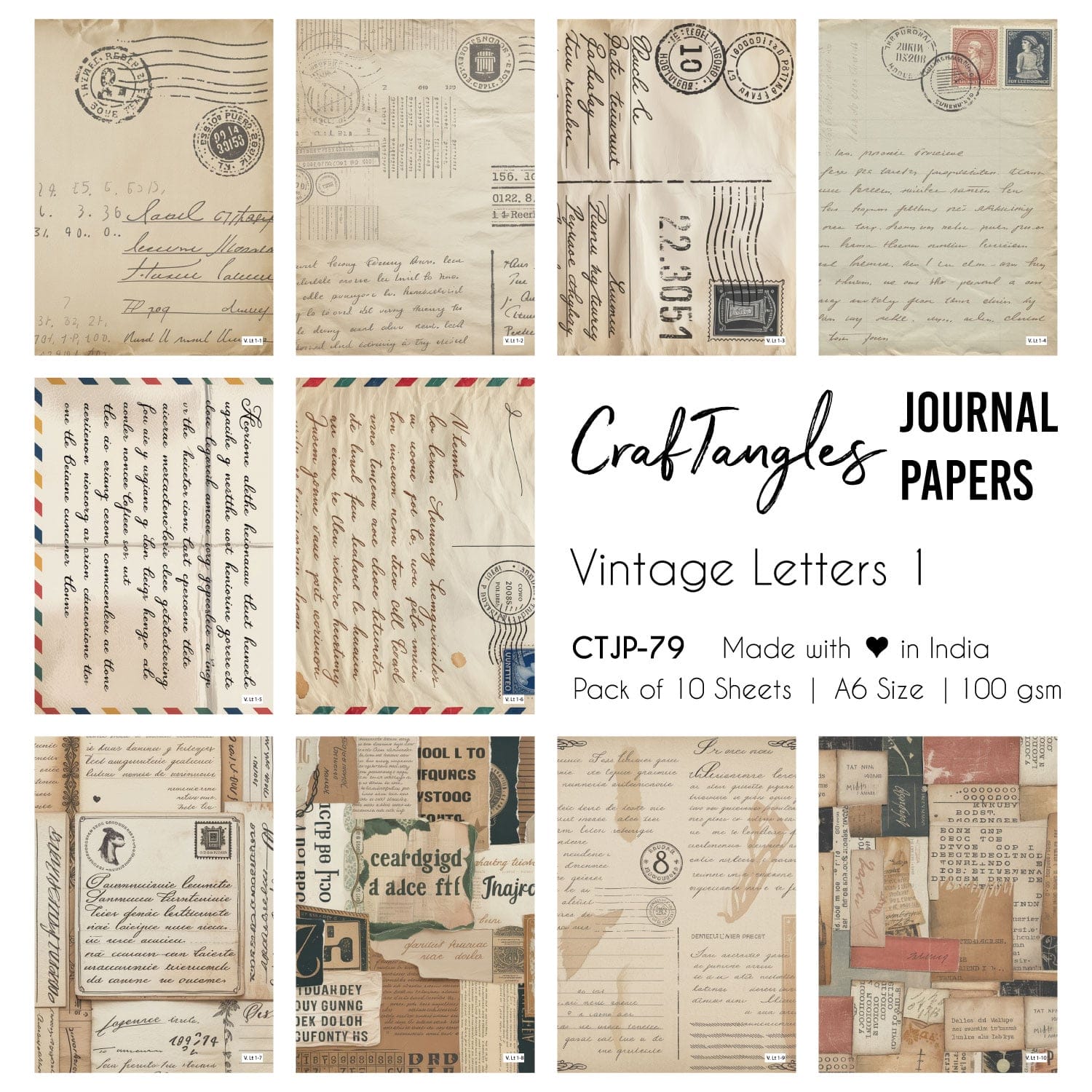 CrafTangles Journal Papers (A6 pack of 10 sheets) - Vintage Letters 1