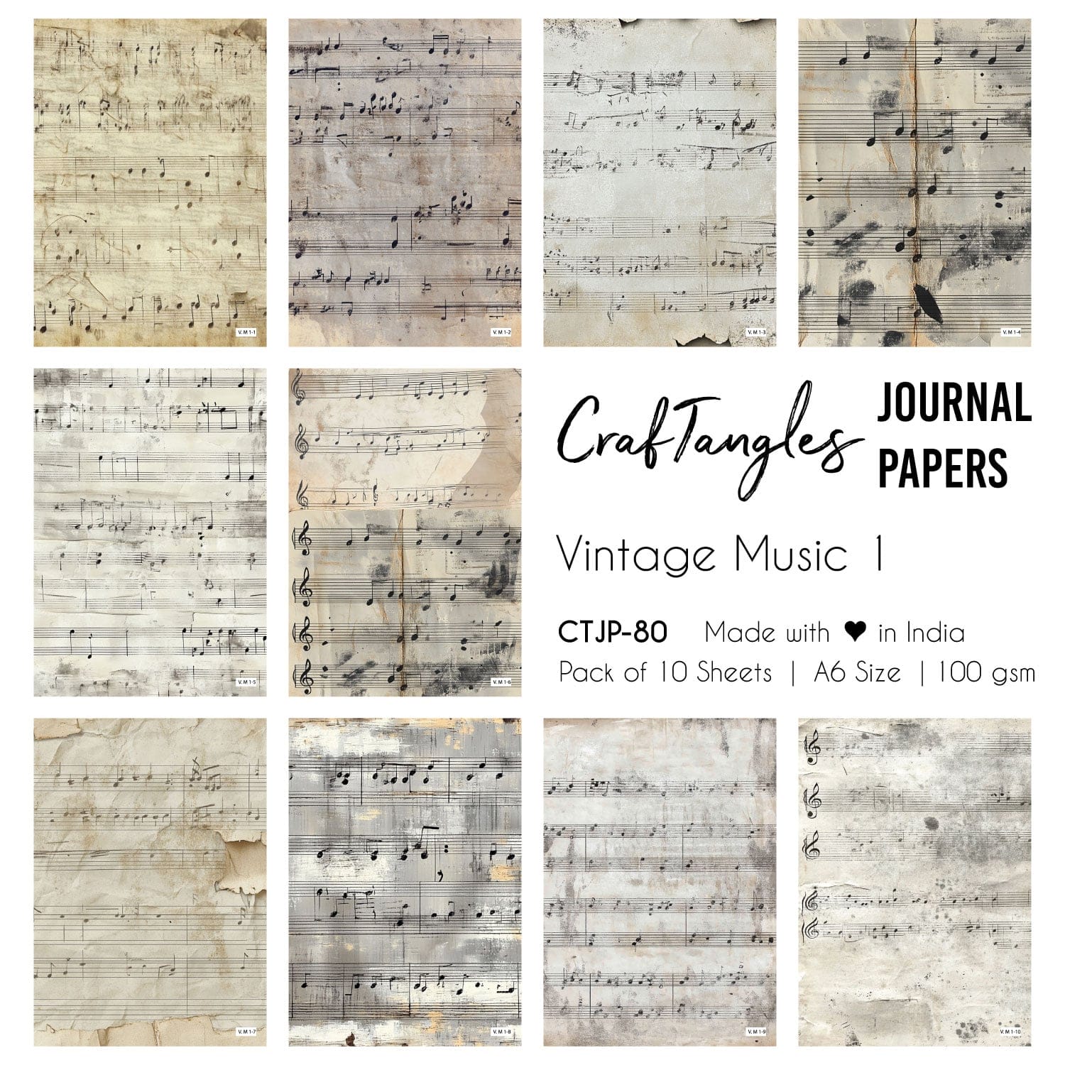 CrafTangles Journal Papers (A6 pack of 10 sheets) - Vintage Music 1