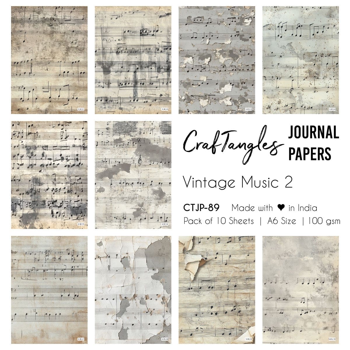 CrafTangles Journal Papers (A6 pack of 10 sheets) - Vintage Music 2