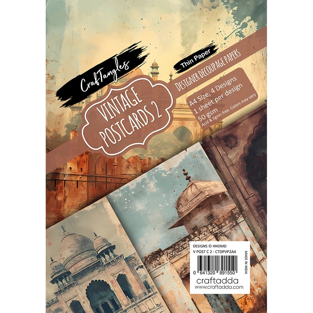 CrafTangles Decoupage Paper Pack  - Vintage Postcards 2 (A4) - 4 sheets